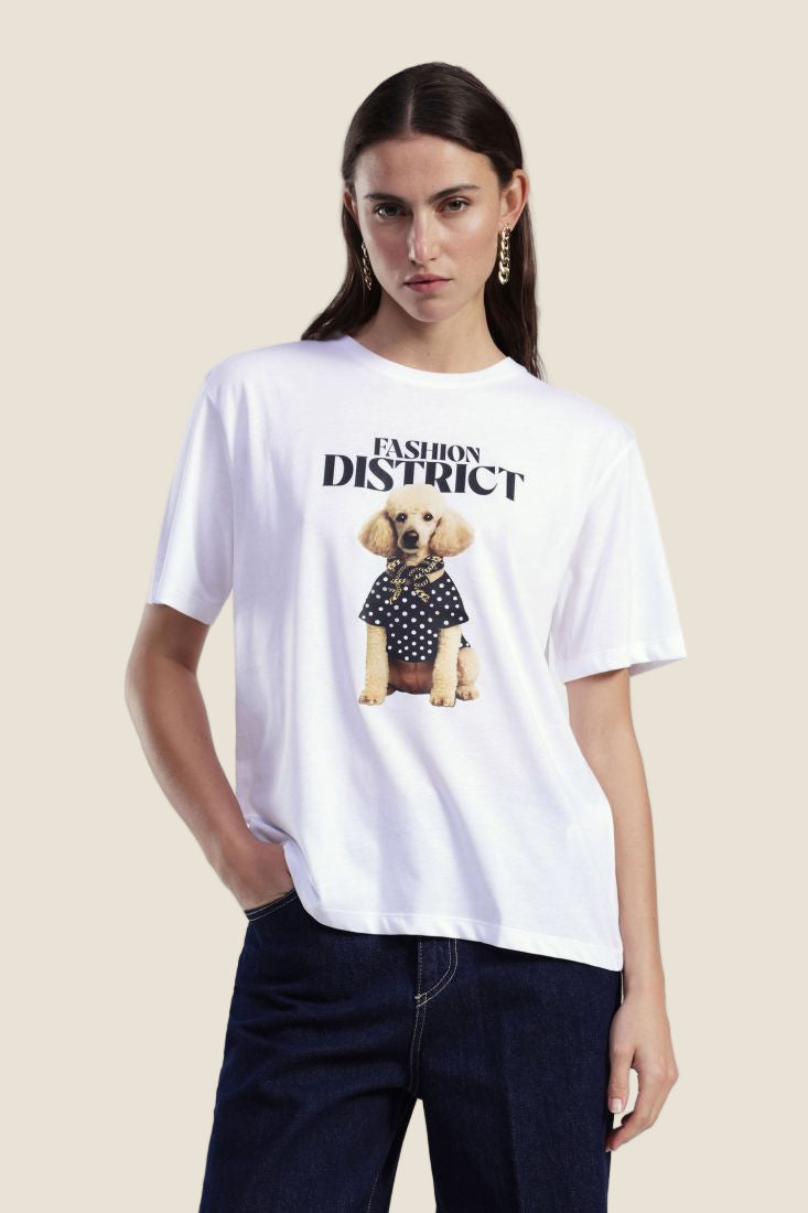 Dixie T-shirt girocollo stampa cane e scritta frontale