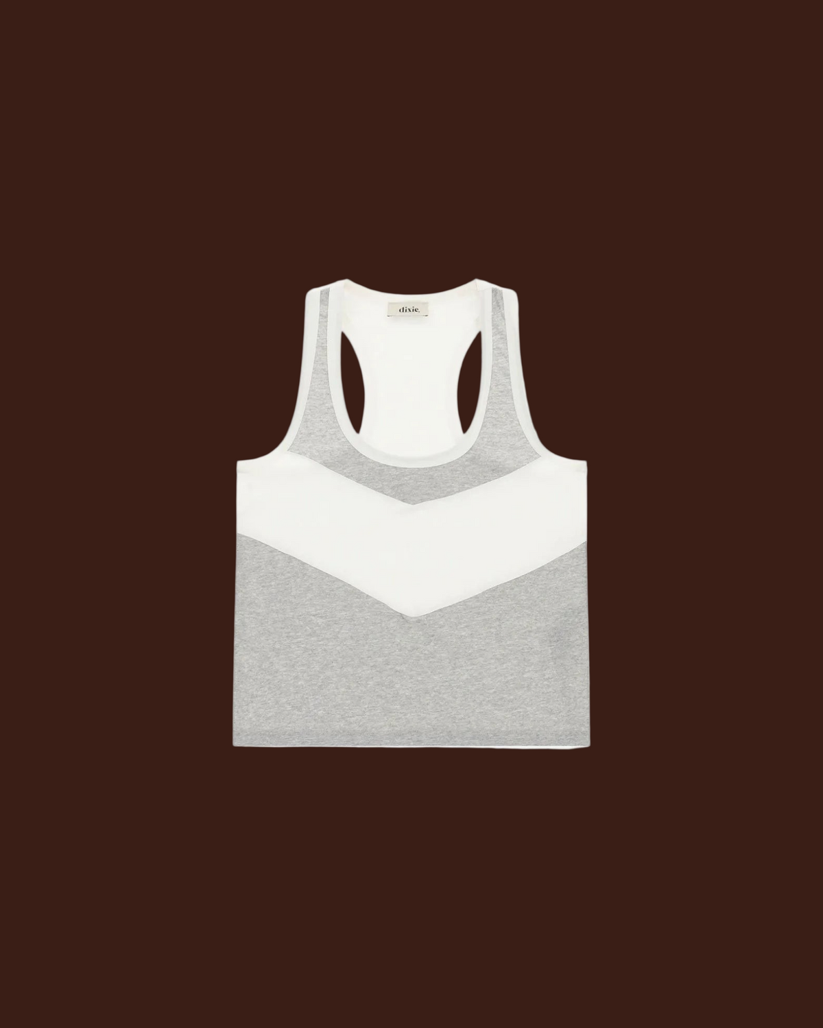 Madison Shop Dixie sleeveless tank top in grey and white with a chevron color-block pattern and racerback design.