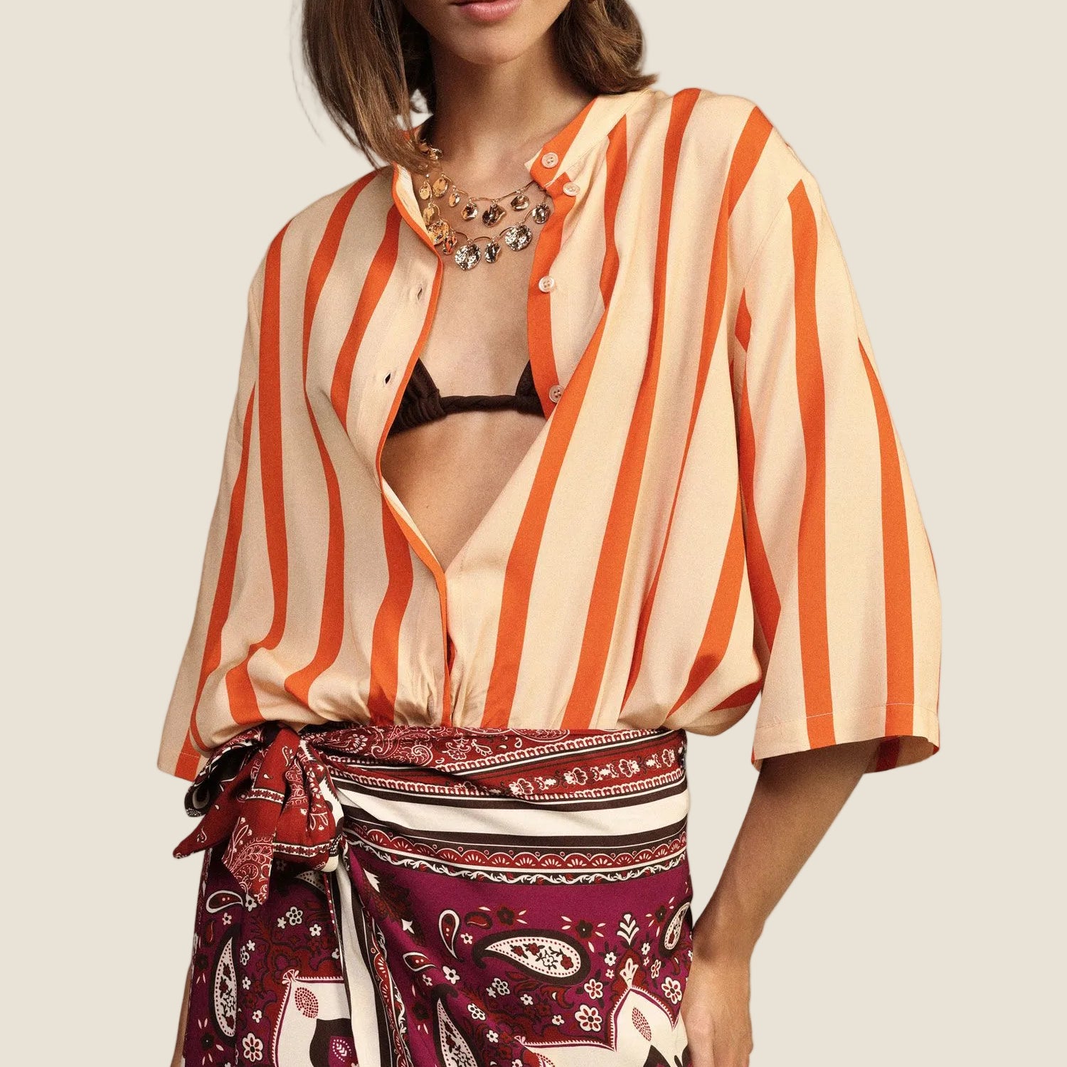 Dixie - Camicia a righe con nodo frontale e maniche 3/4