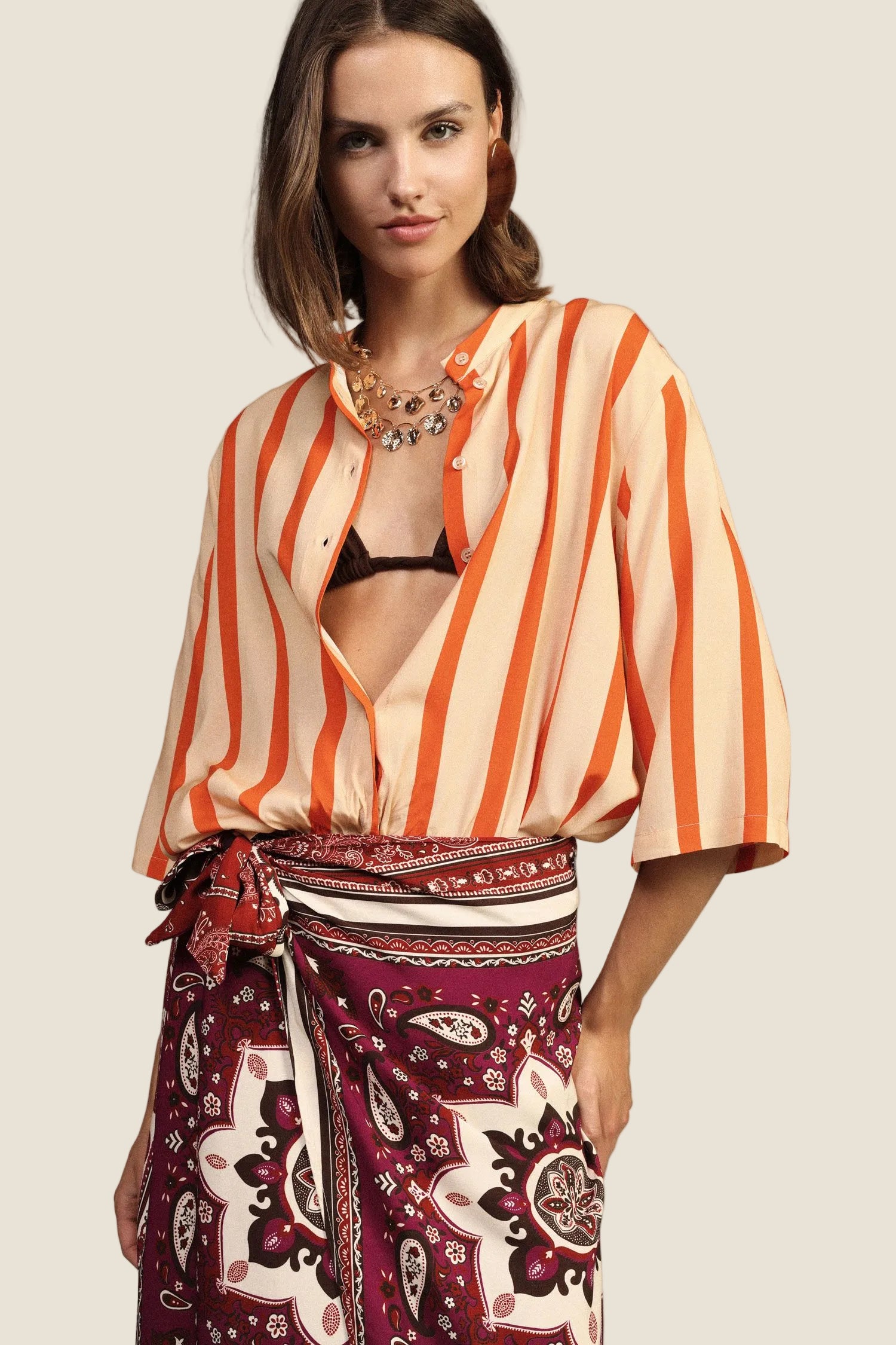 Dixie - Camicia a righe con nodo frontale e maniche 3/4