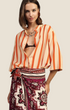 Madison Shop striped viscose shirt with 3/4 sleeves, mandarin collar, and front knot detail worn by a model.
