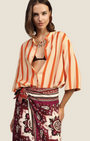 Madison Shop striped viscose shirt with 3/4 sleeves, mandarin collar, and front knot detail worn by a model.
