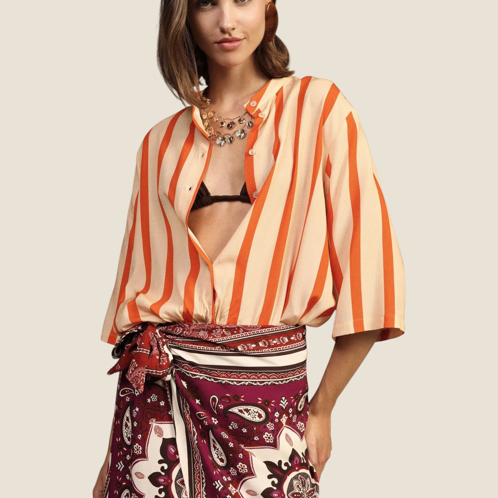 Madison Shop striped viscose shirt with 3/4 sleeves, mandarin collar, and front knot detail worn by a model.