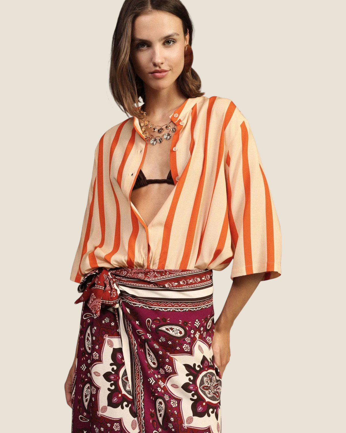 Madison Shop striped viscose shirt with 3/4 sleeves, mandarin collar, and front knot detail worn by a model.
