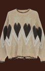 Maglione Madison Shop beige con stampa cuori e stelle, girocollo, maniche lunghe e bordo inferiore ondulato