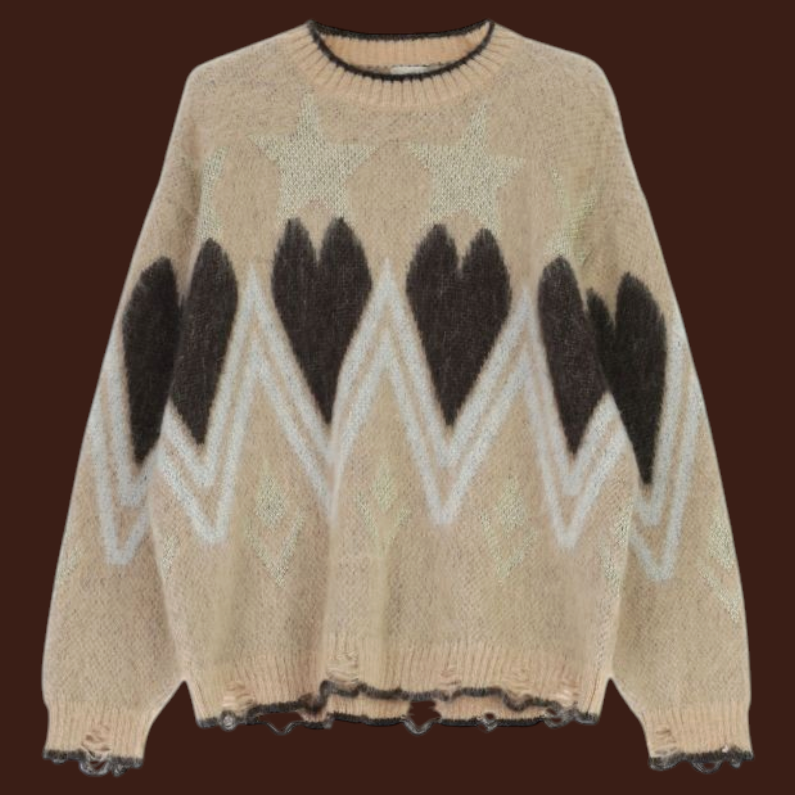 Maglione Madison Shop beige con stampa cuori e stelle, girocollo, maniche lunghe e bordo inferiore ondulato