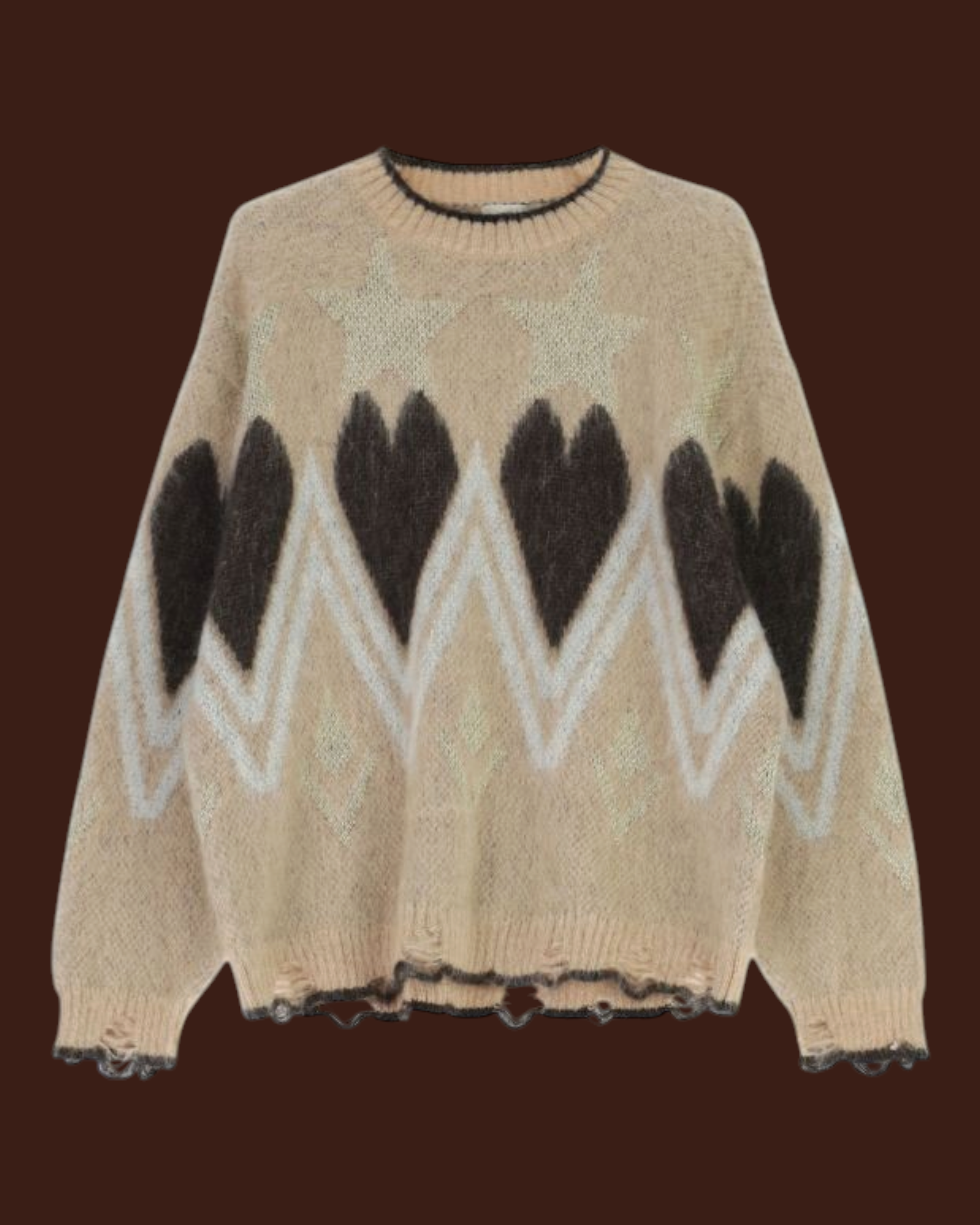 Maglione Madison Shop beige con stampa cuori e stelle, girocollo, maniche lunghe e bordo inferiore ondulato