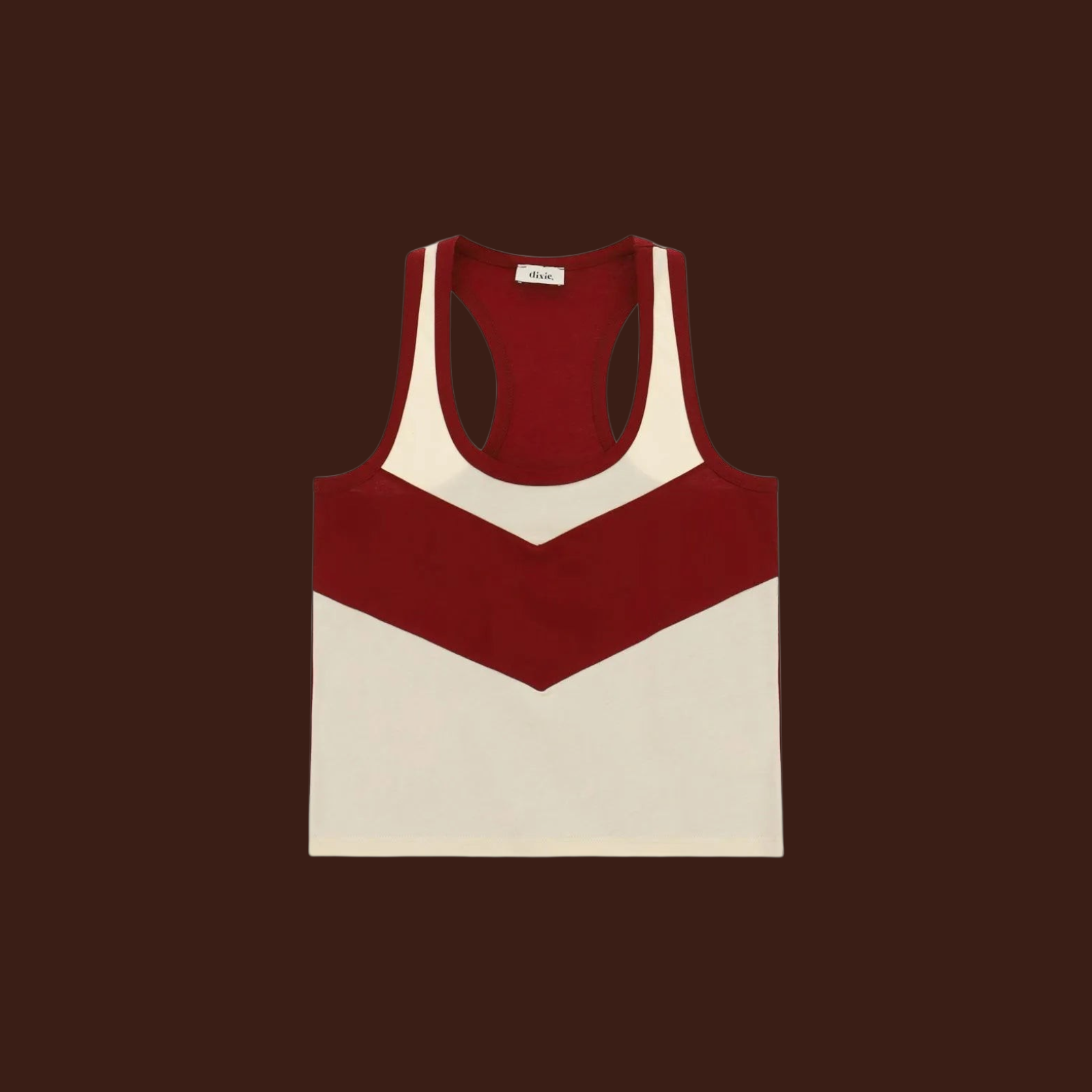 Madison Shop Dixie sleeveless cotton tank top with a red and cream chevron color block design and racerback style.