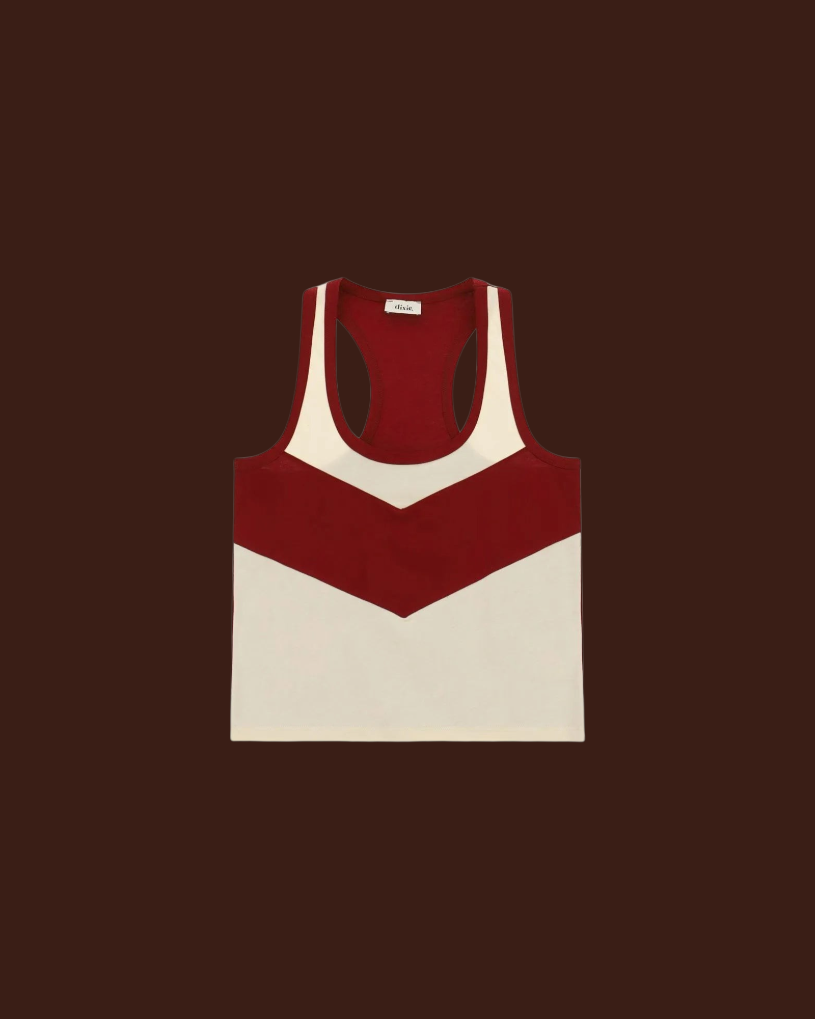 Madison Shop Dixie sleeveless cotton tank top with a red and cream chevron color block design and racerback style.