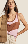 Madison Shop Dixie sleeveless cotton tank top with a pink and brown color-block design and racerback style.