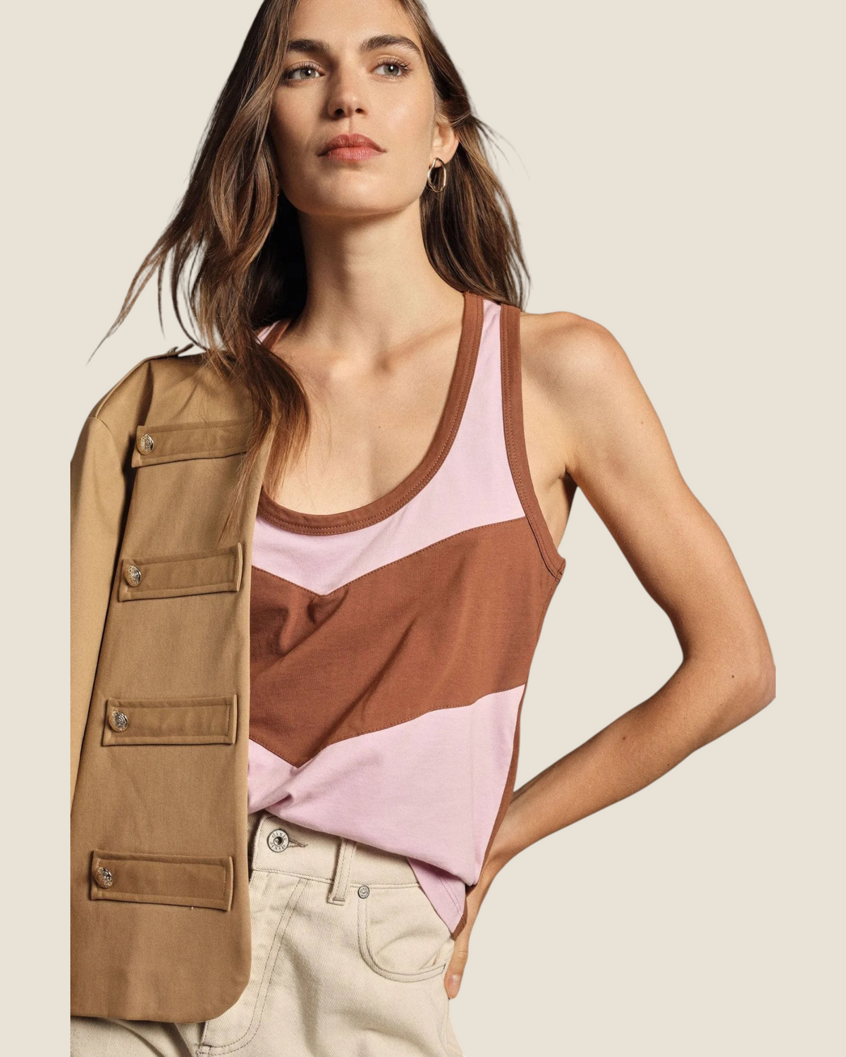 Madison Shop Dixie sleeveless cotton tank top with a pink and brown color-block design and racerback style.