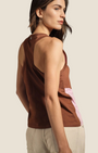 Madison Shop Dixie sleeveless cotton tank top in brown and pink with a racerback design worn by a model.