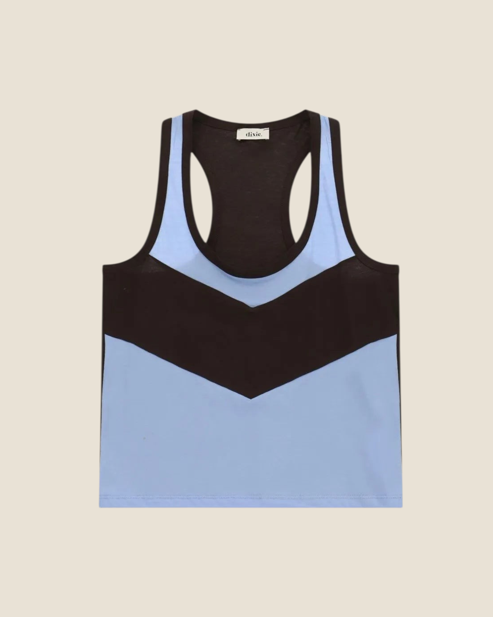 Madison Shop Dixie sleeveless cotton tank top with a light blue and black chevron color block pattern and racerback