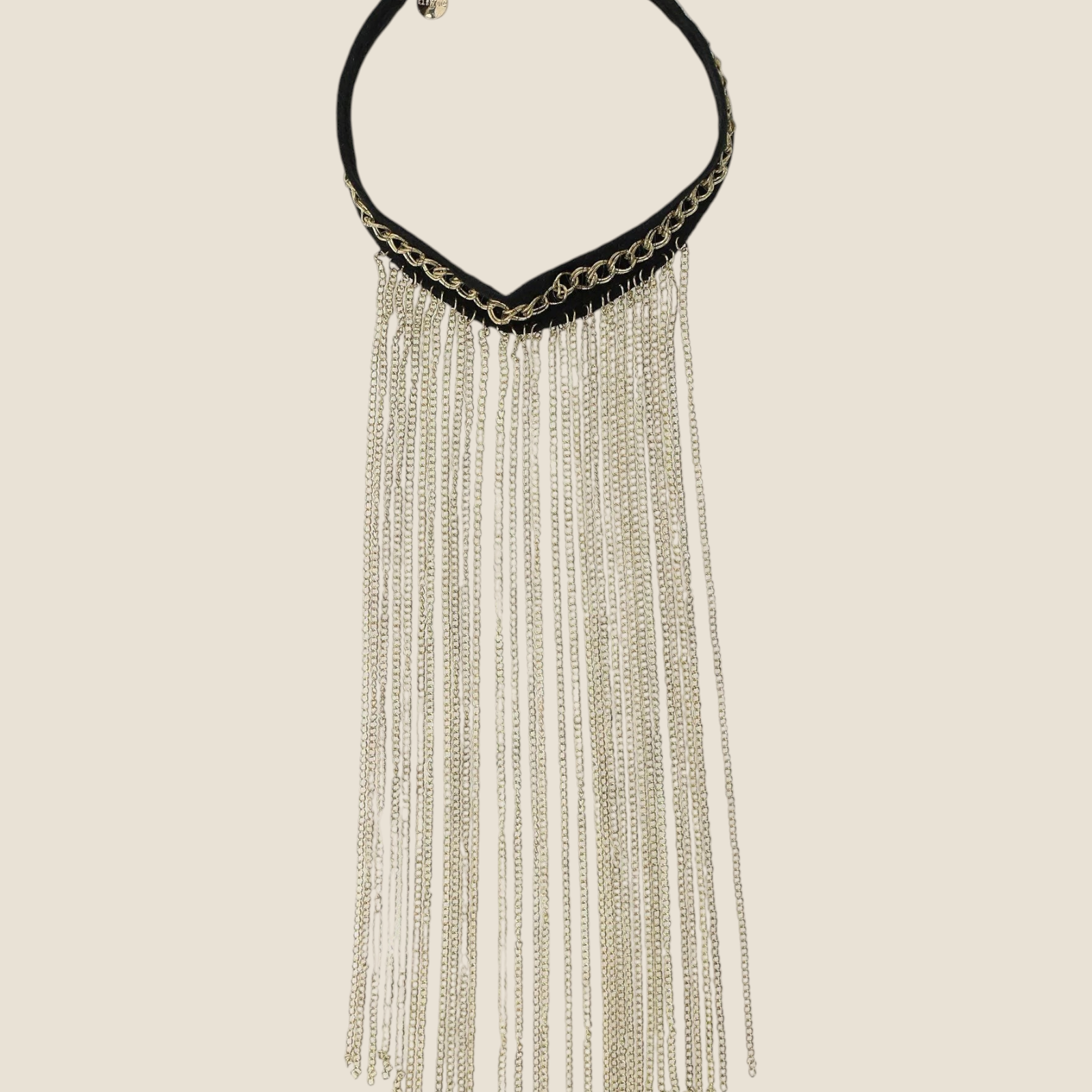 Madison Shop Dixie choker necklace featuring a black fabric base and long cascading gold-tone metal chain fringe.