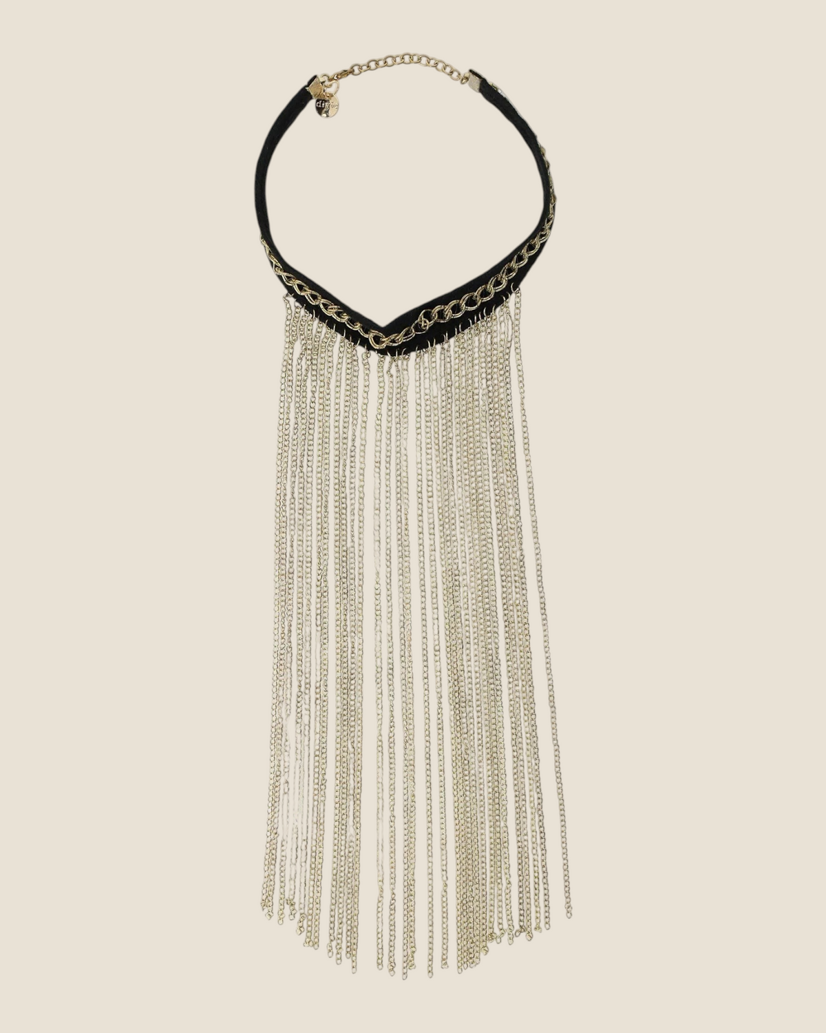 Madison Shop Dixie choker necklace featuring a black fabric base and long cascading gold-tone metal chain fringe.