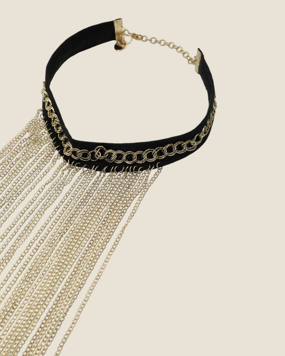 Madison Shop black choker necklace with gold-tone chain fringe detailing and adjustable clasp closure