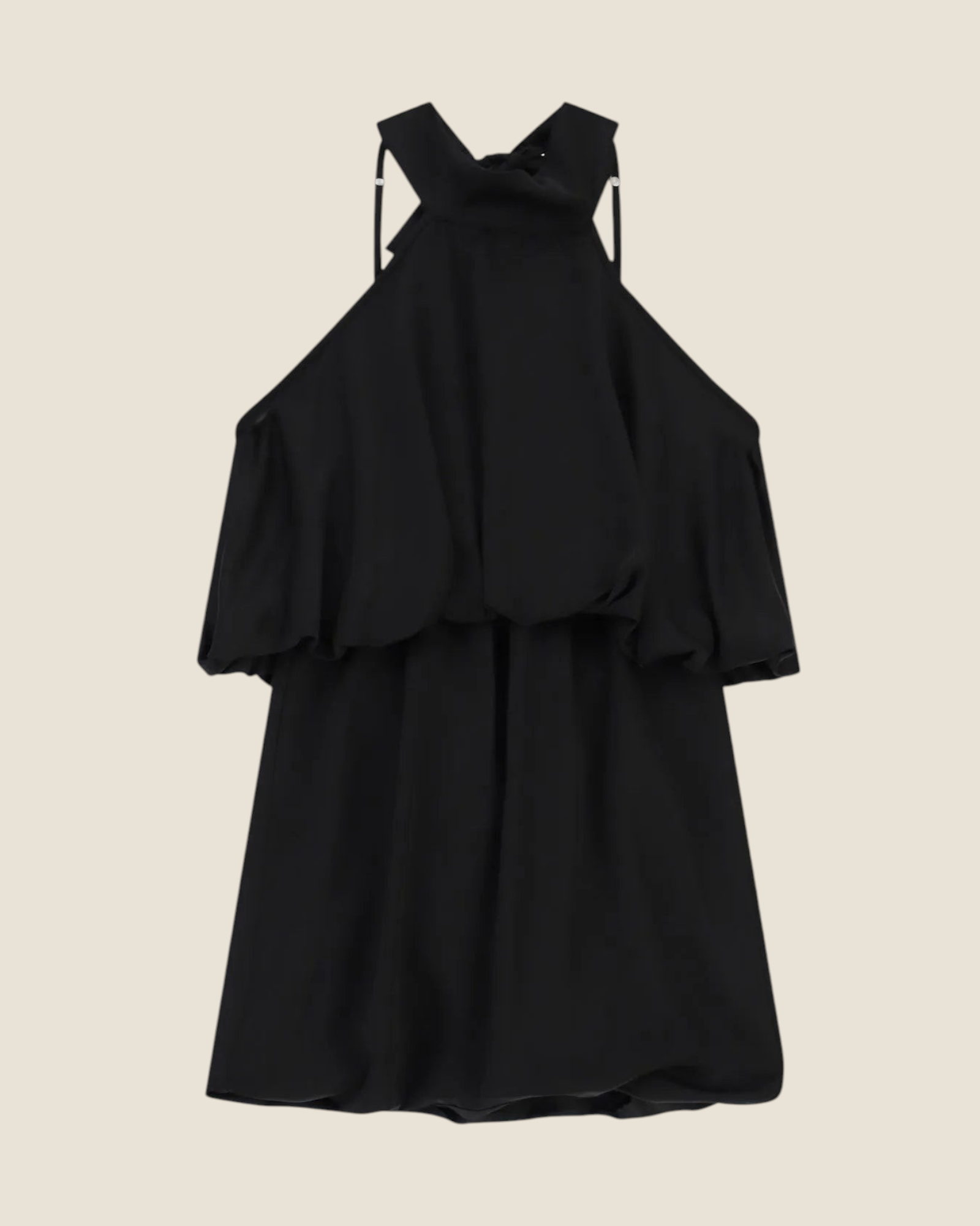 Madison Shop black short dress with a halter neck and wide ruffle detail in a fluid, sleeveless silhouette.