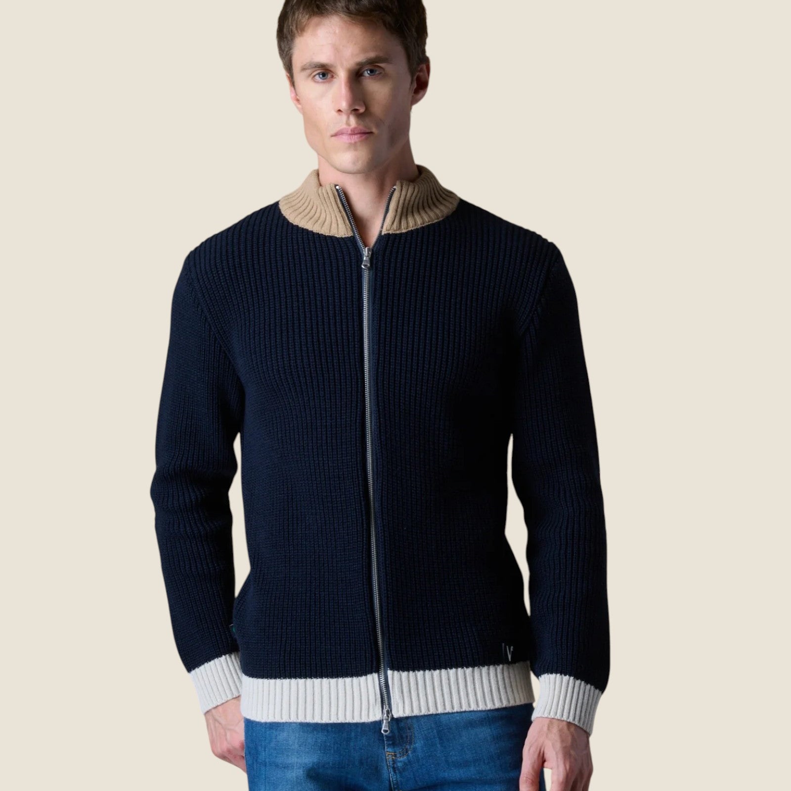 Cardigan Full Zip Costa Inglese con Toppe in velluto Ricamate Blu (4)