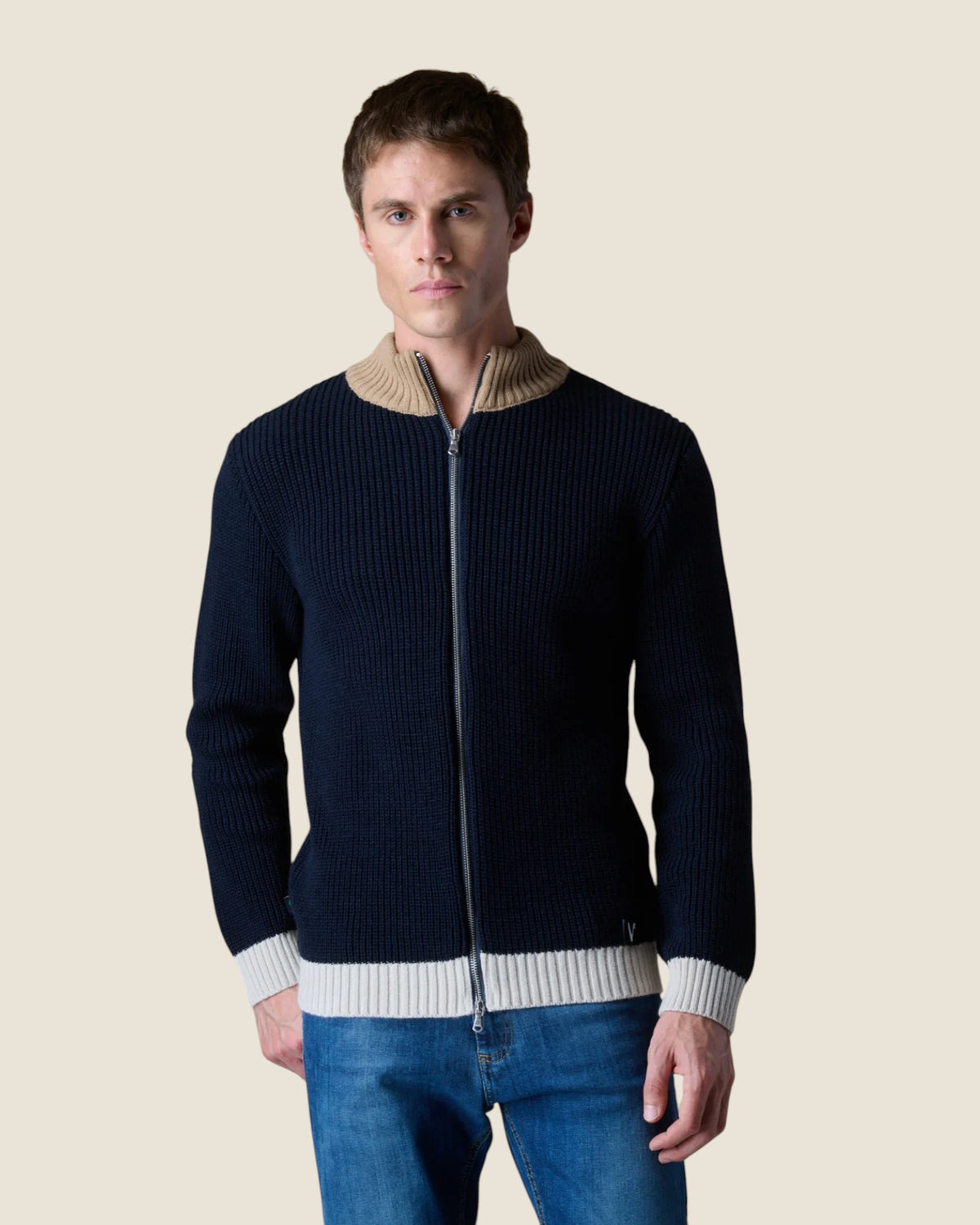 Cardigan Full Zip Costa Inglese con Toppe in velluto Ricamate Blu (4)
