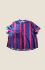 Madison Shop Dafne short-sleeve shirt in blue and pink vertical stripes with a mandarin collar and waist knot detail.