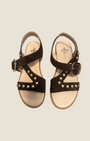 Madison Shop Helena Backer dark brown suede flat sandals with gold spherical studs and ankle strap with large buckle.