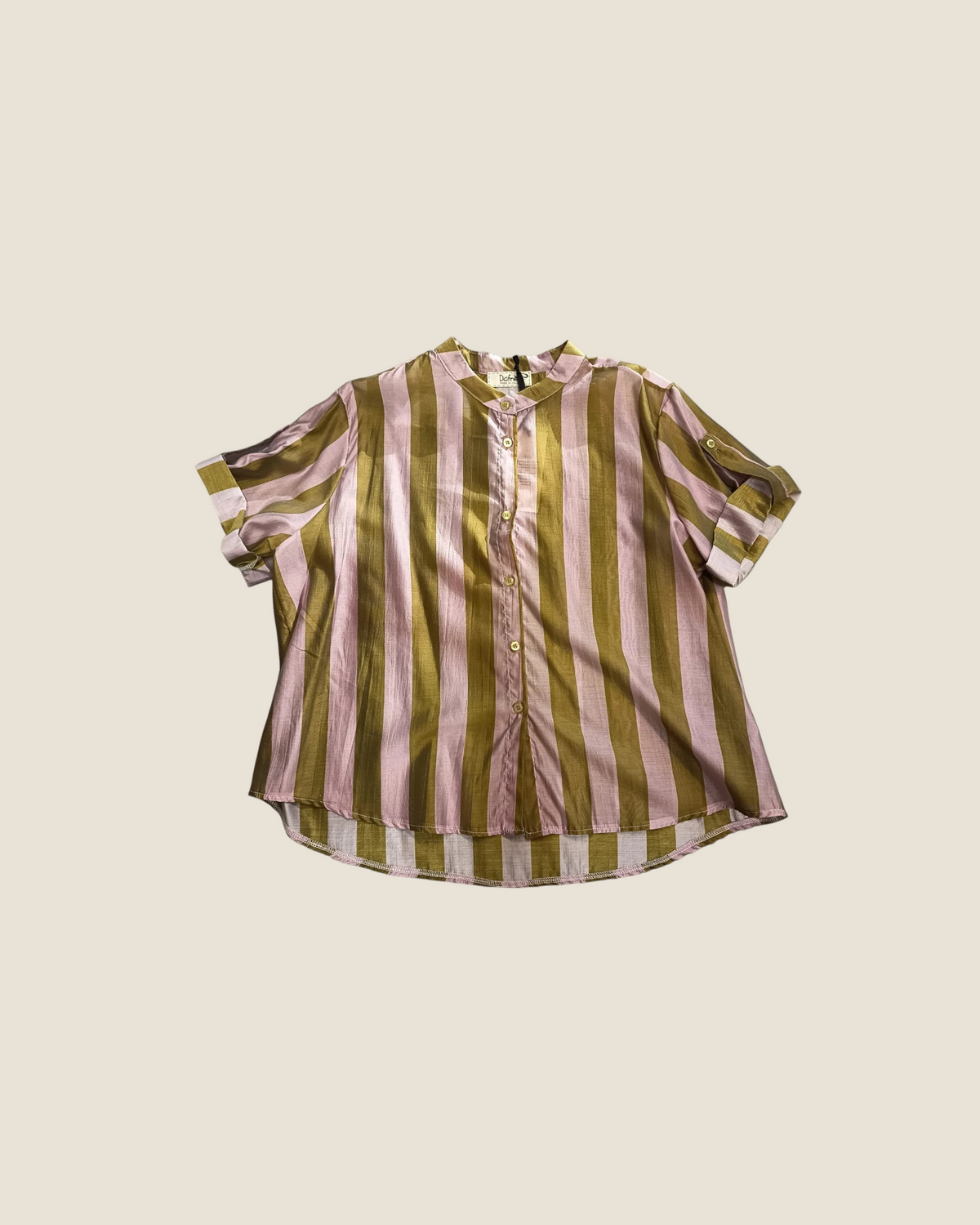 Madison Shop Dafne striped shirt in olive green and light pink with a mandarin collar and short cuffed sleeves.