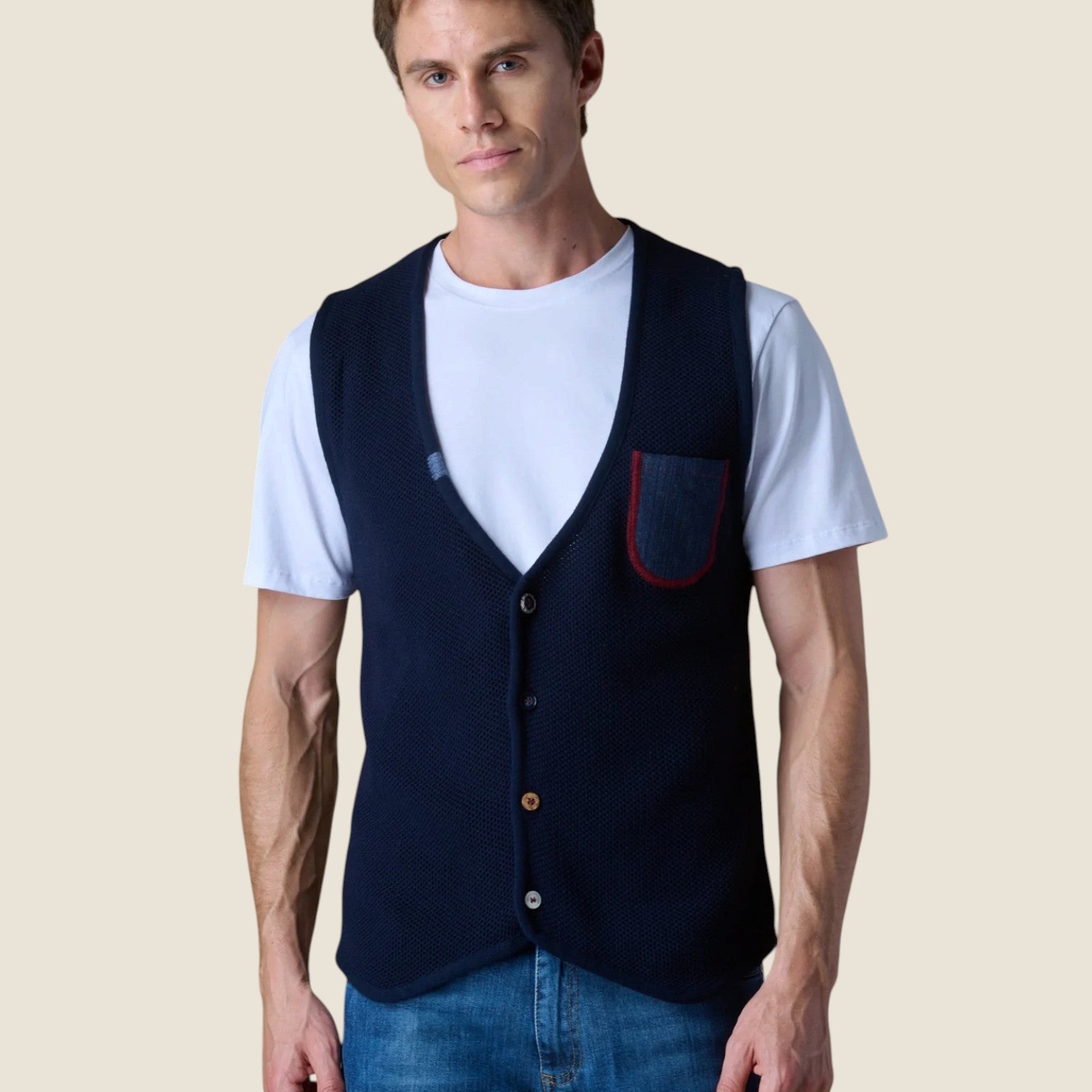 Gilet Monopetto Occhio di Pernice Premium con taschino Jeans e retro in tessuto V2 Blu (1)