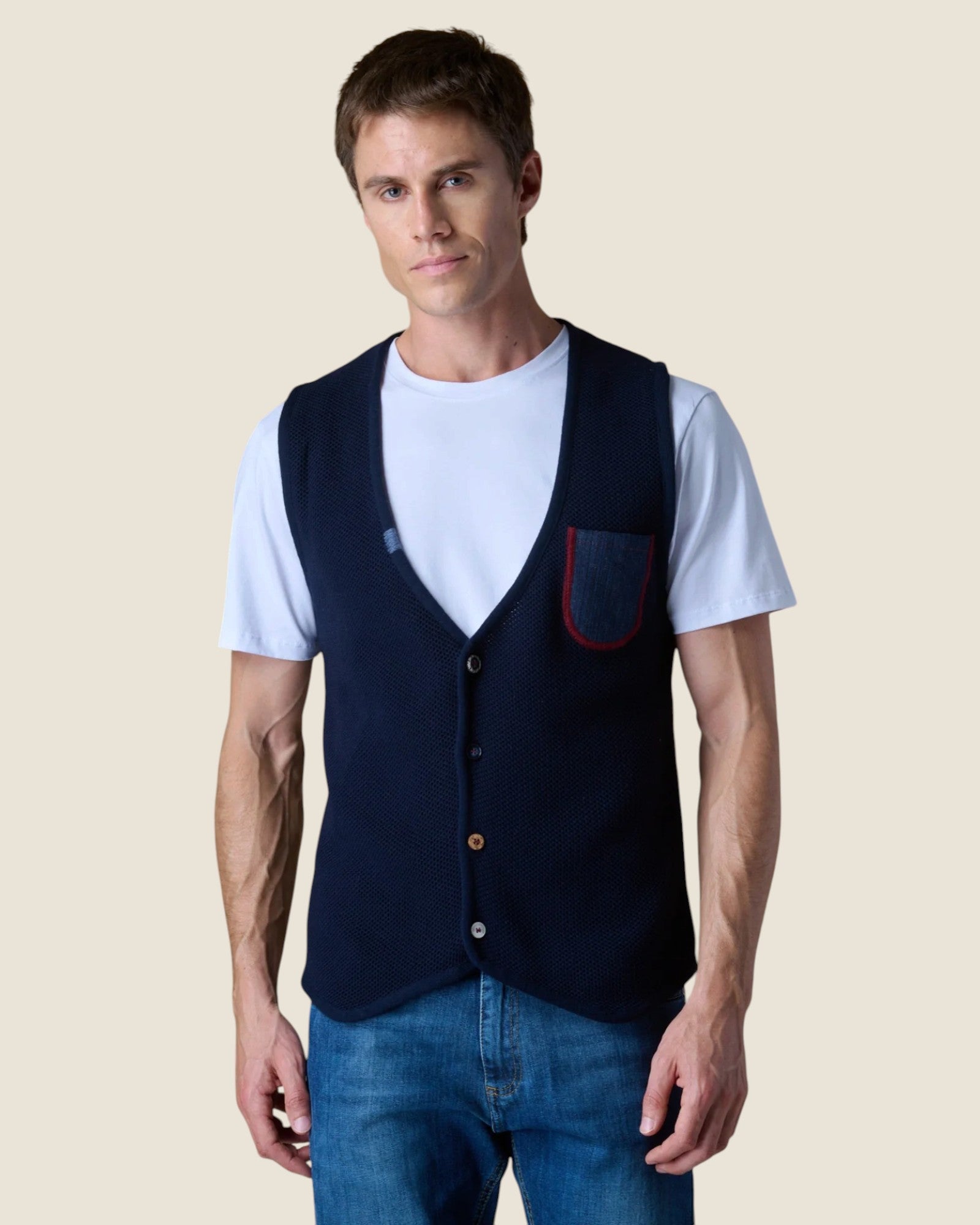 Gilet Monopetto Occhio di Pernice Premium con taschino Jeans e retro in tessuto V2 Blu (1)