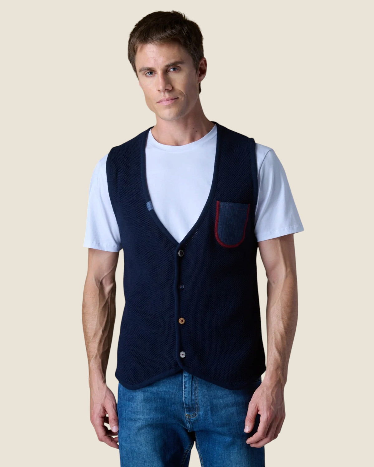 Gilet Monopetto Occhio di Pernice Premium con taschino Jeans e retro in tessuto V2 Blu (1)