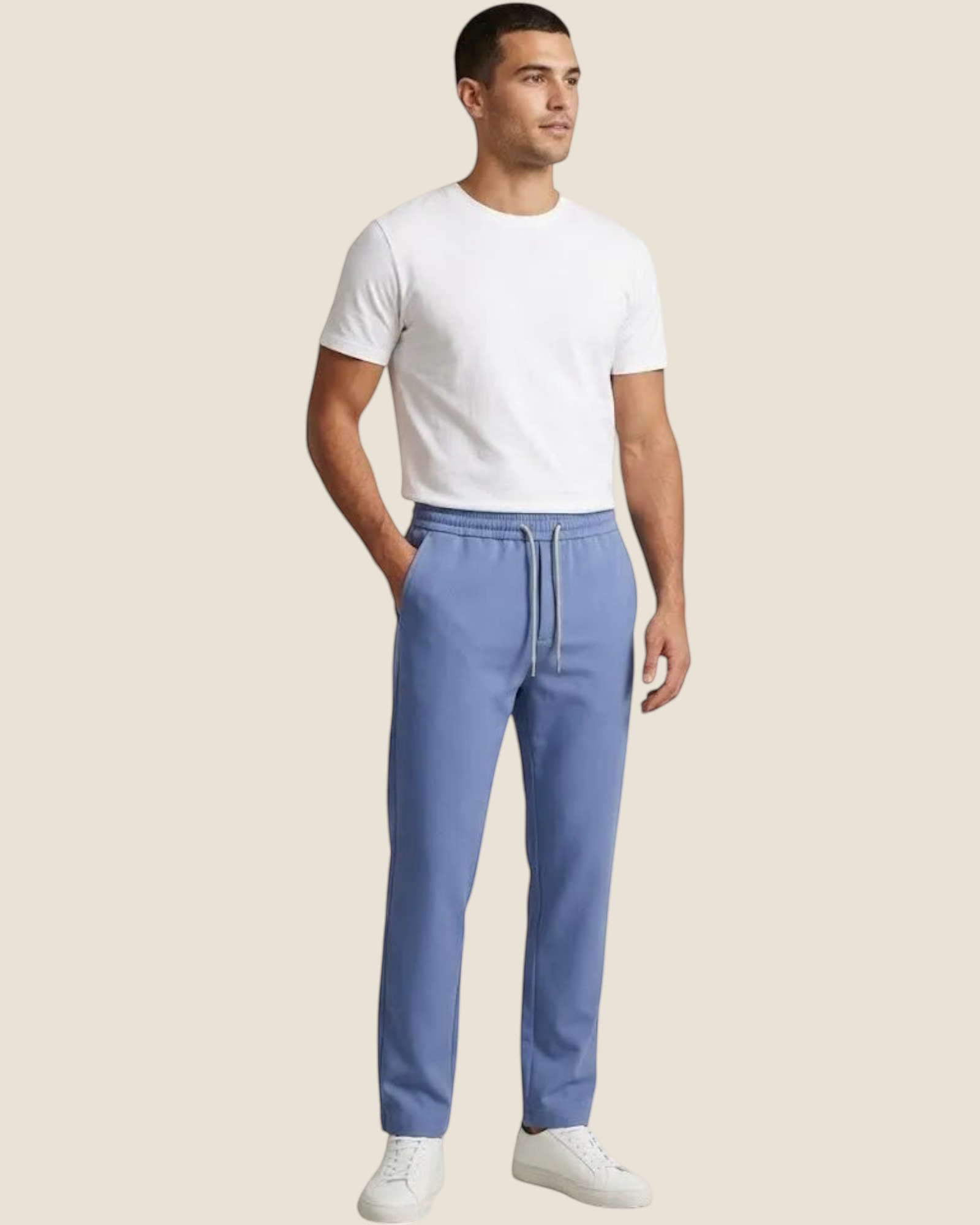 Madison Shop Over/D slim fit blue chino jogger pants with elastic drawstring waist worn by a male model