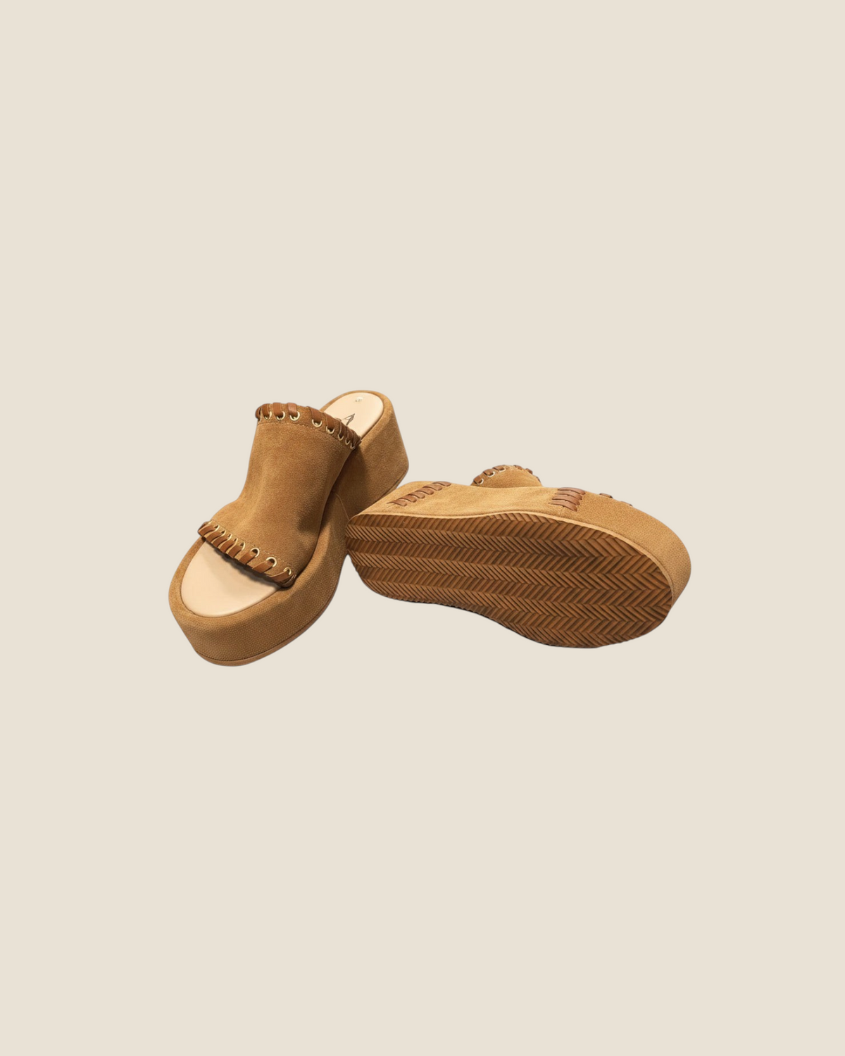 Madison Shop chestnut suede platform sandals with braided leather details, gold eyelets, and a textured rubber sole.