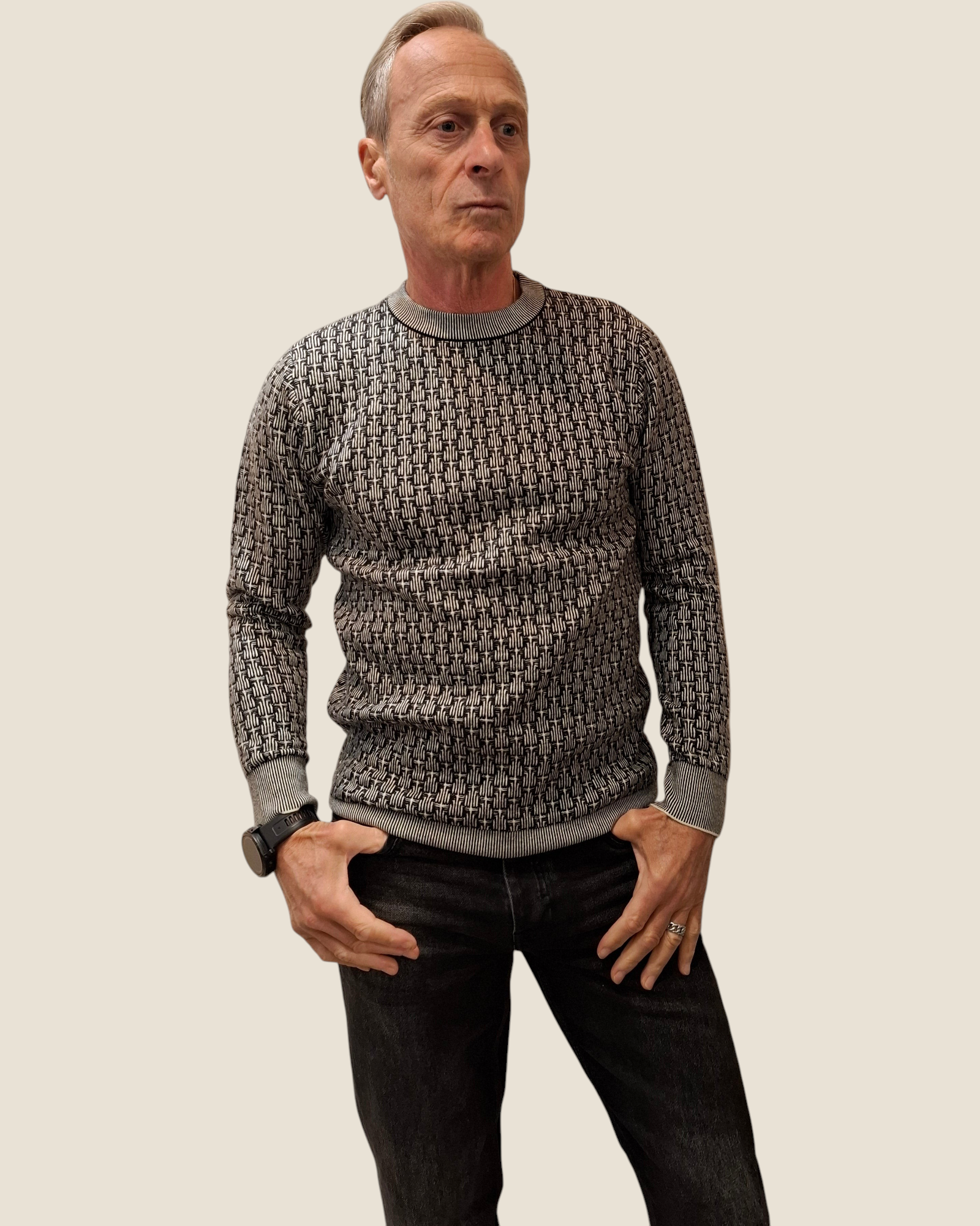 Modello indossa maglia girocollo Madison Shop grigia con motivo geometrico jacquard e bordi a costine