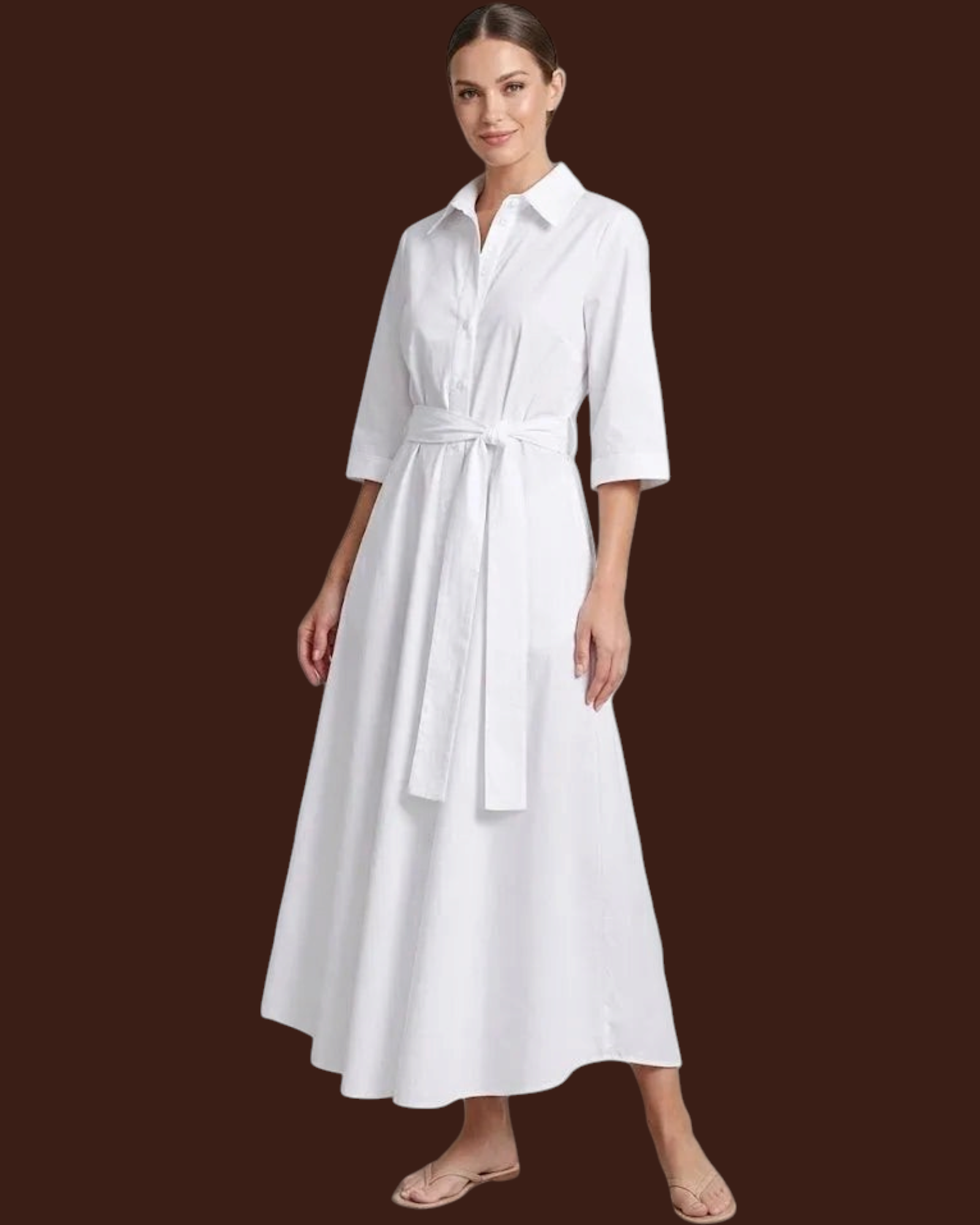 Abito camicia lungo bianco in cotone con cintura in vita Madison Shop, elegante e fluido per cerimonie estive.