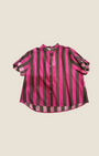 Madison Shop Dafne short-sleeve shirt in pink and black vertical stripes with a mandarin collar and button front.