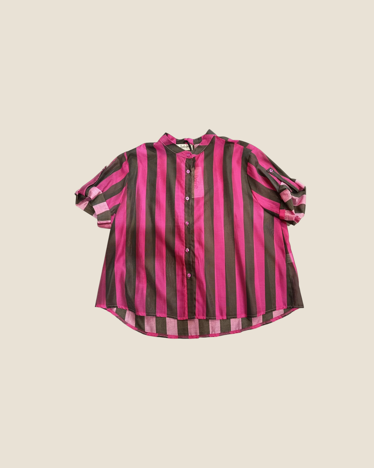 Madison Shop Dafne short-sleeve shirt in pink and black vertical stripes with a mandarin collar and button front.