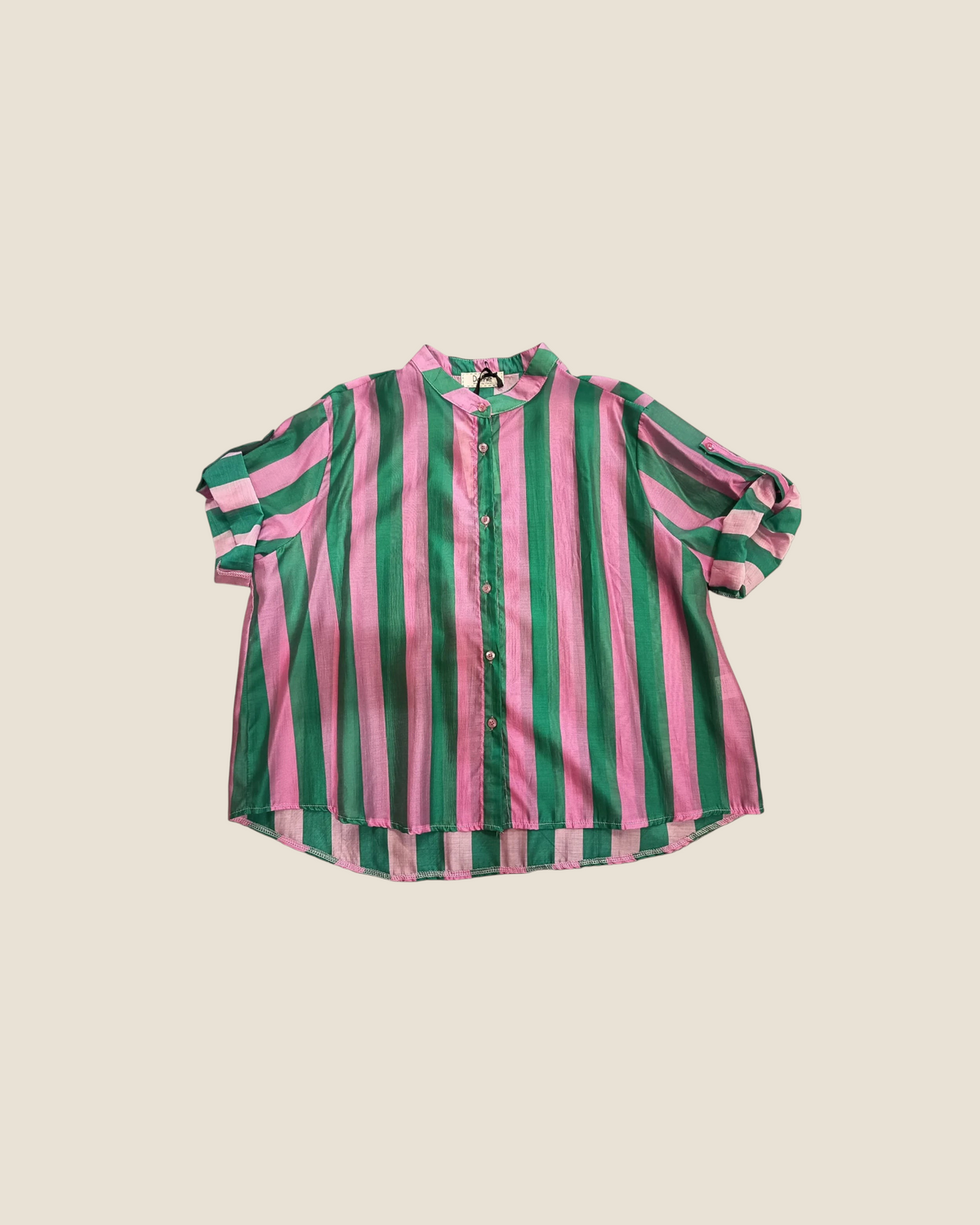 Madison Shop Dafne striped shirt in pink and green with a mandarin collar and short sleeves in a fluid Tencel blend.