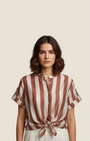 Madison Shop brown and white striped short-sleeve shirt with a mandarin collar and front waist knot detail
