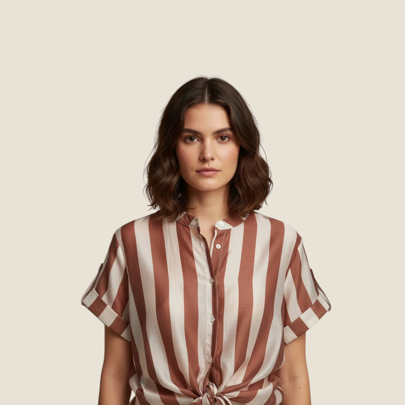 Madison Shop brown and white striped short-sleeve shirt with a mandarin collar and front waist knot detail