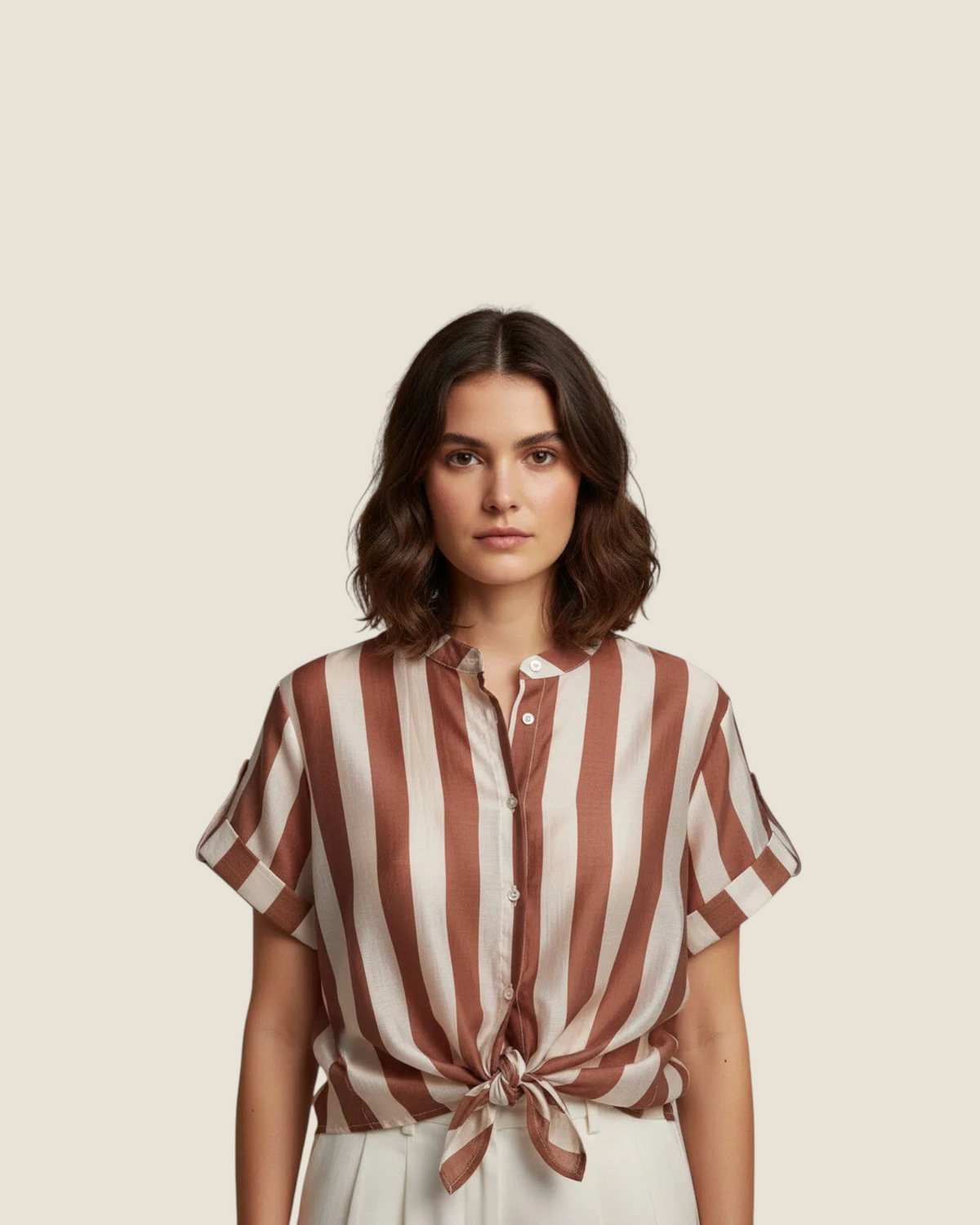 Madison Shop brown and white striped short-sleeve shirt with a mandarin collar and front waist knot detail