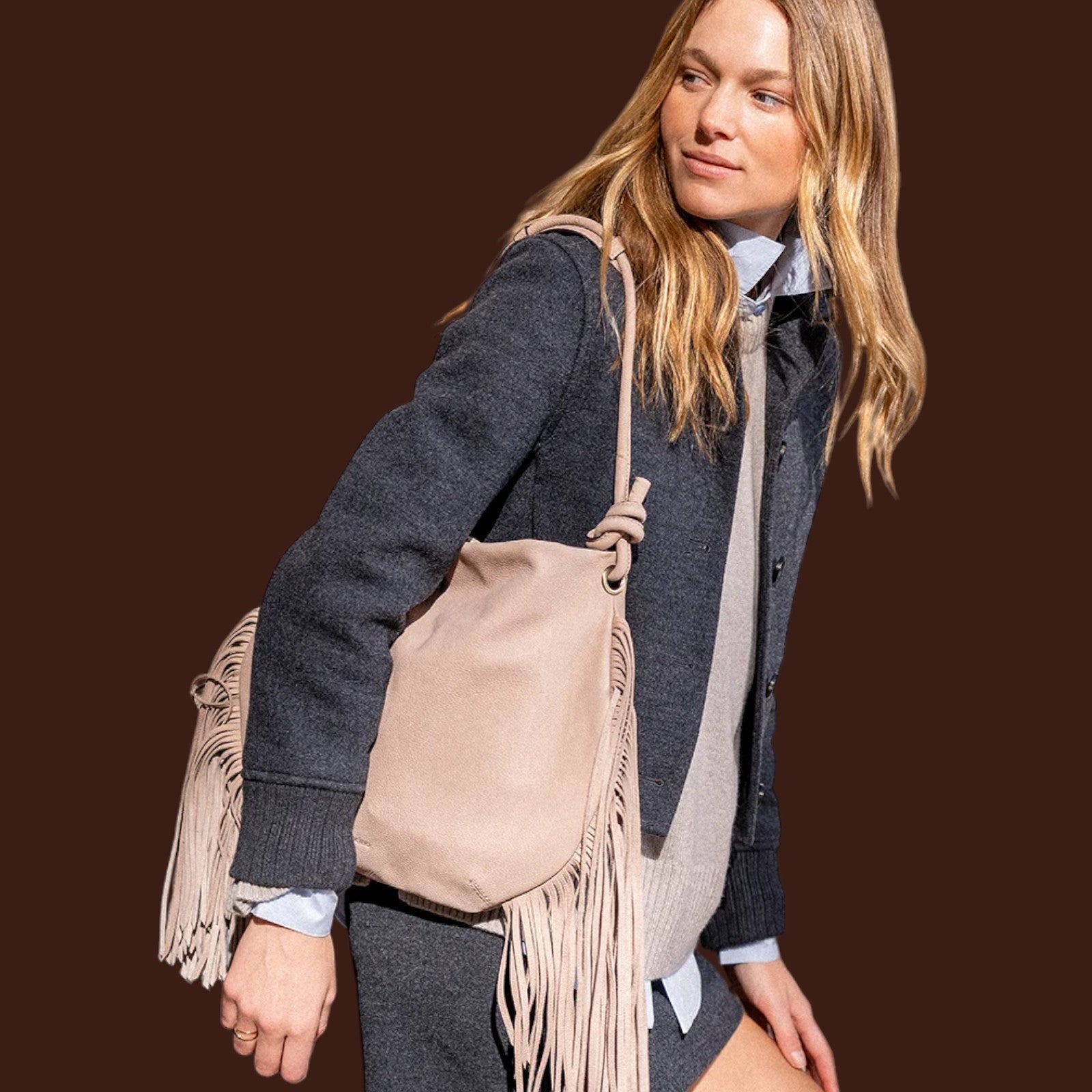 Borsa a spalla in pelle con frange Beige