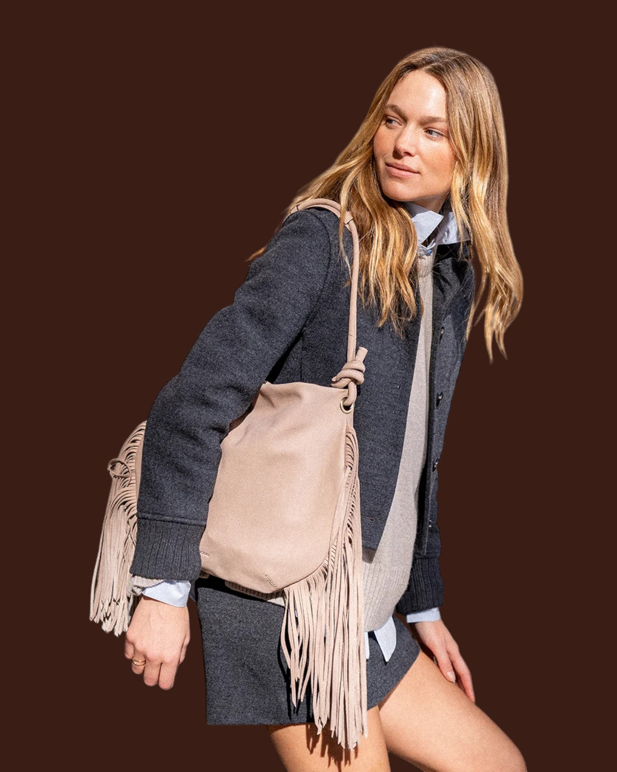 Borsa a spalla in pelle con frange Beige