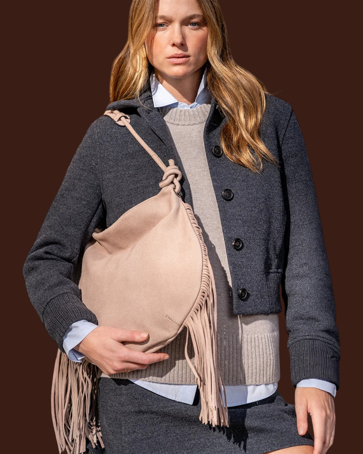 Borsa a spalla in pelle con frange Beige
