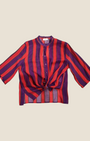 Madison Shop Dixie striped shirt with mandarin collar, three-quarter sleeves, and front tie detail in red and purple.