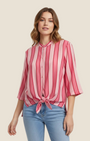 Madison Shop pink striped shirt with mandarin collar, three-quarter sleeves, and a front tie-waist detail.