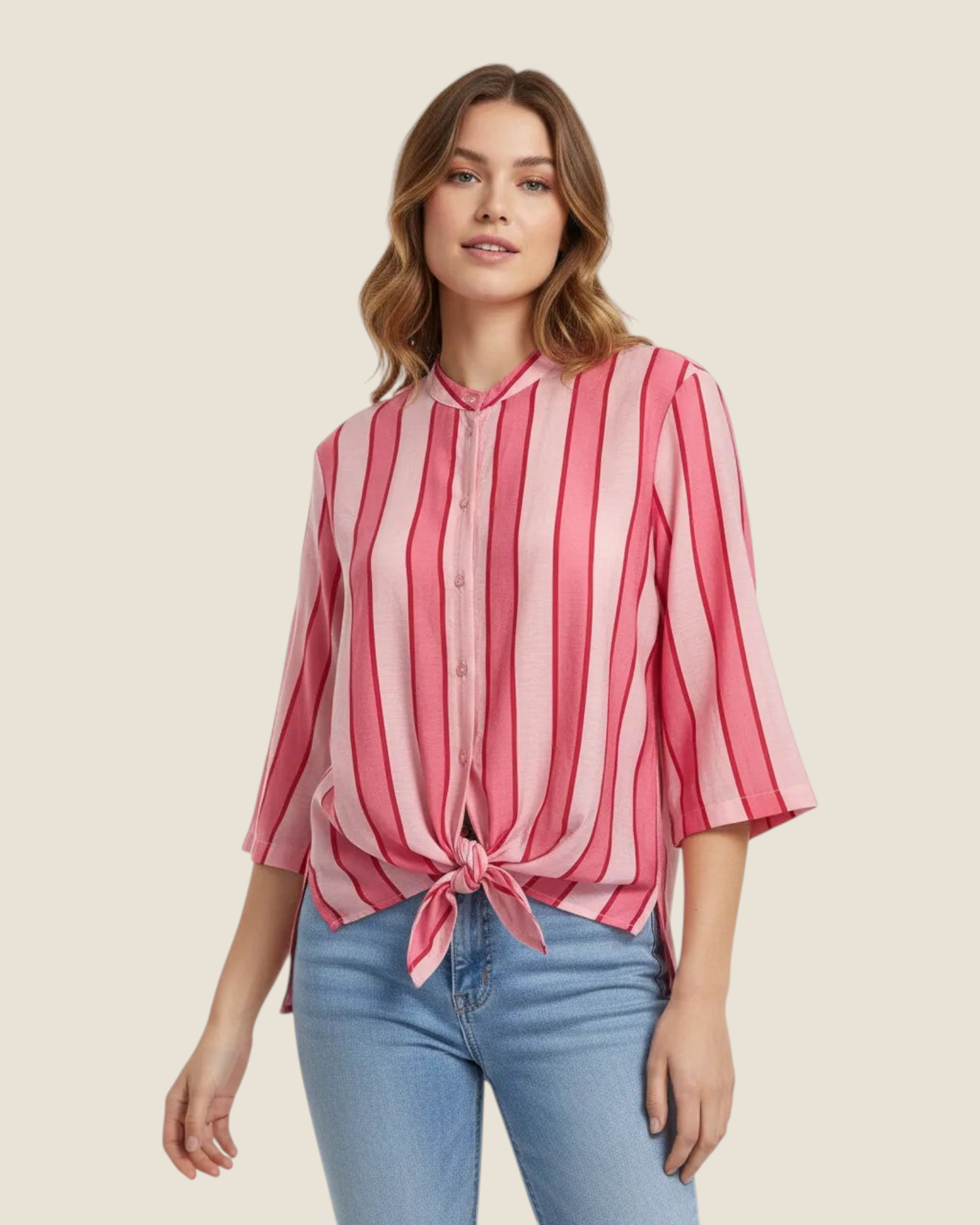 Madison Shop pink striped shirt with mandarin collar, three-quarter sleeves, and a front tie-waist detail.