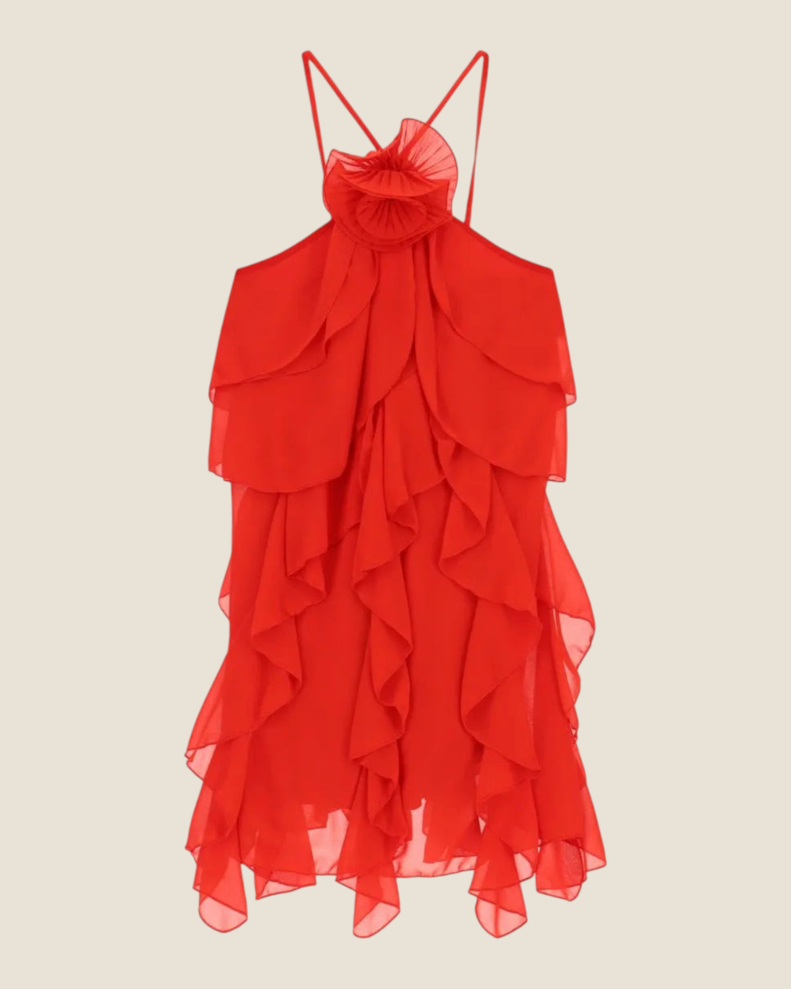 Abito corto rosso Madison Shop con rouches, spalline sottili e dettaglio floreale sul collo in poliestere leggero