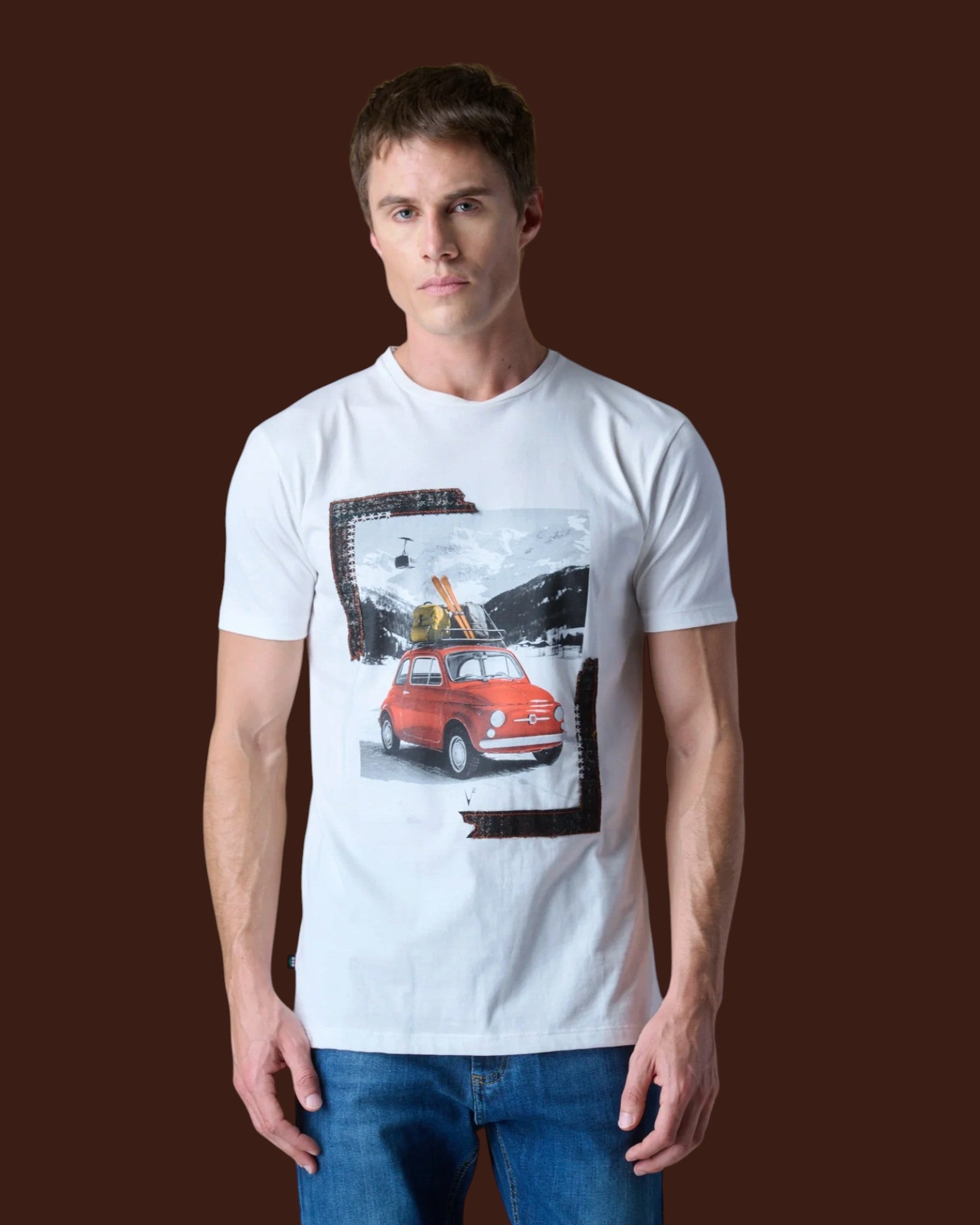 T-Shirt con stampa Macchina Vintage e inserti in tessuto V2 Panna (1)