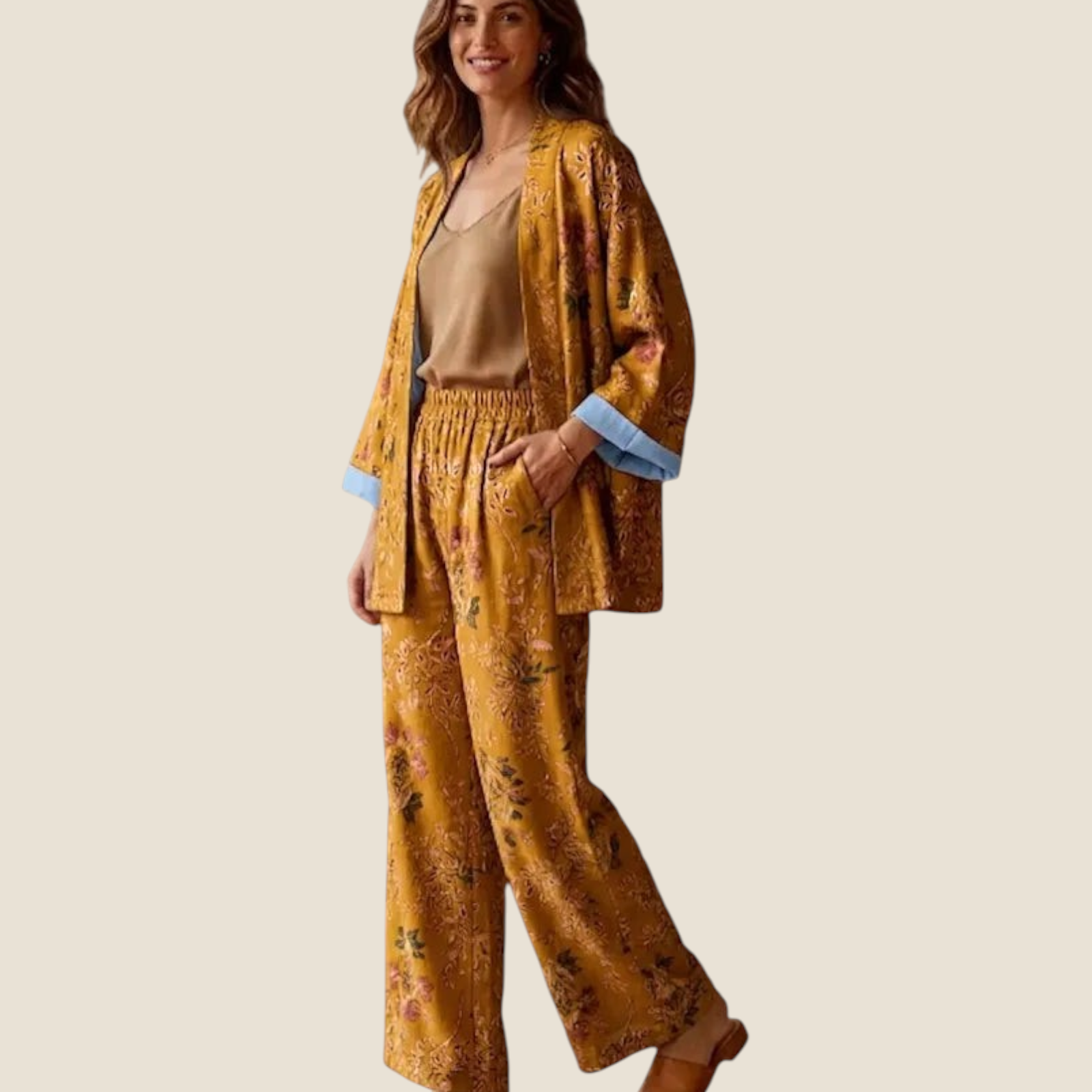 Madison Shop Dafne kimono and palazzo pant set in mustard botanical floral print with light blue interior lining