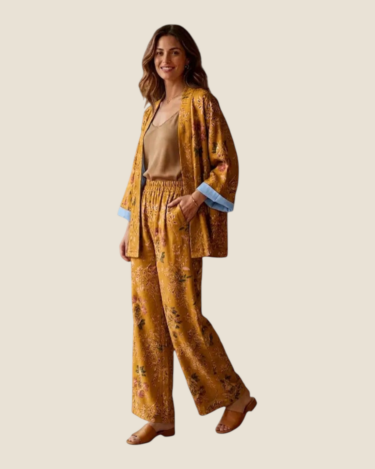 Madison Shop Dafne kimono and palazzo pant set in mustard botanical floral print with light blue interior lining