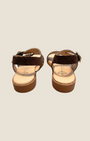 Madison Shop Helena Backer dark brown suede flat sandals with gold studs and ankle strap, rear view.